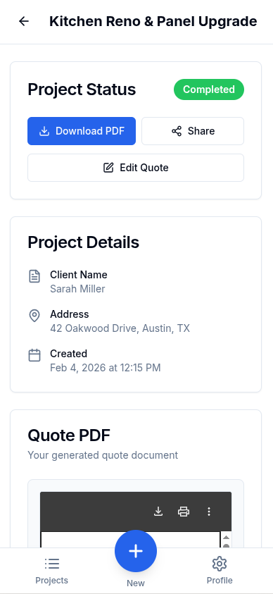 Relay app showing a completed project quote